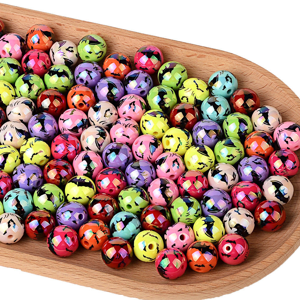 100Pcs acrylic UV plated colorful multi-color Halloween printing bat round beads DIY handmade string pen mobile phone chain accessories
