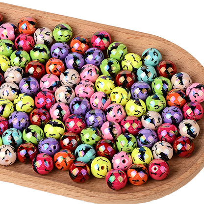 100Pcs acrylic UV plated colorful multi-color Halloween printing bat round beads DIY handmade string pen mobile phone chain accessories
