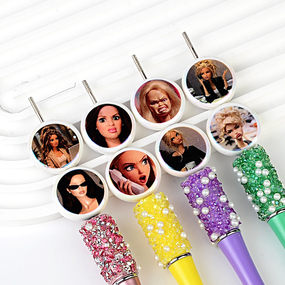100Pcs 24mm acrylic flat bead printing funny Barbie emoji through hole loose beads DIY mobile phone chain bead pen accessories