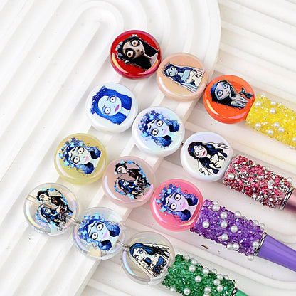100Pcs Halloween Elements Zombie Bride Character Printing Straight Hole Flat Bead DIY Mobile Phone Bead Pen Handmade Ornament Accessories