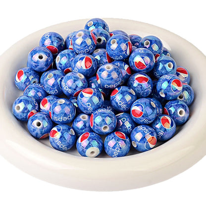American beverage printed acrylic round bead blue bottom soda mark straight hole loose bead DIY bracelet keychain jewelry