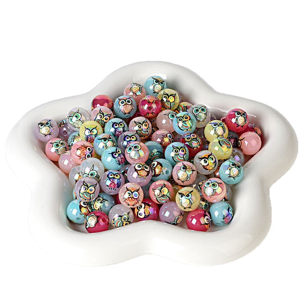 100Pcs 16mm acrylic solid color printing owl straight hole round bead DIY bead pen mobile phone chain pendant accessories