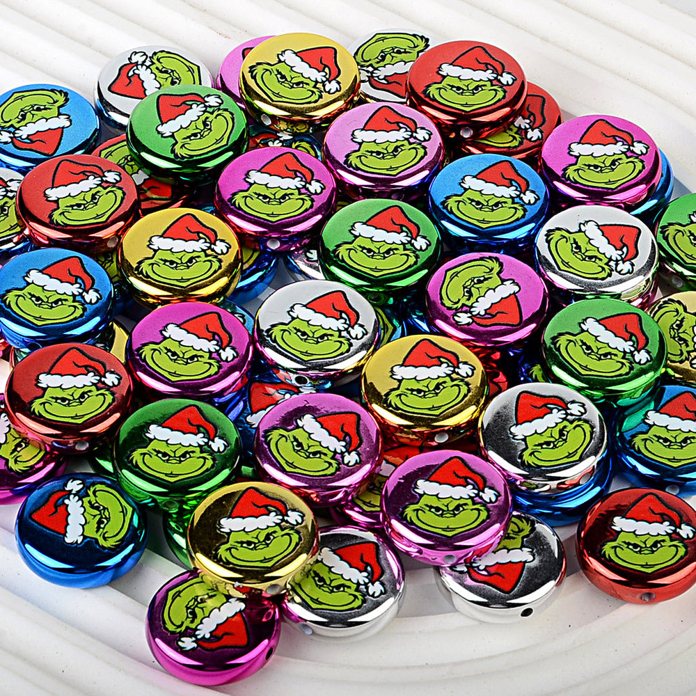 100Pcs 24mm metallic Christmas series printed through-hole flat beads DIY mobile phone bag chain jewelry accessories wholesale