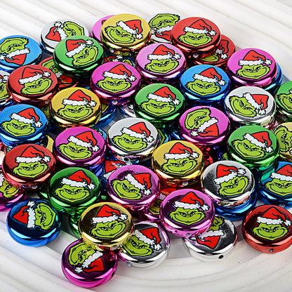 100Pcs 24mm metallic Christmas series printed through-hole flat beads DIY mobile phone bag chain jewelry accessories wholesale