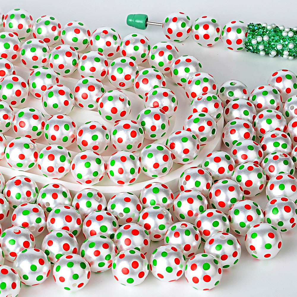 100Pcs Holiday Party Printed Beads Color Red and Green Polka Dots Through Hole Beads DIY Handmade Bead Pen Mobile Phone Chain Accessories