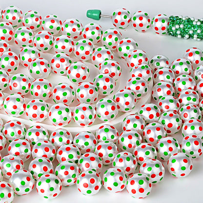 100Pcs Holiday Party Printed Beads Color Red and Green Polka Dots Through Hole Beads DIY Handmade Bead Pen Mobile Phone Chain Accessories
