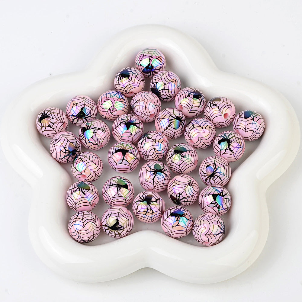 100Pcs 16mm acrylic plated Halloween theme spider straight hole round beads DIY mobile phone chain keychain accessories