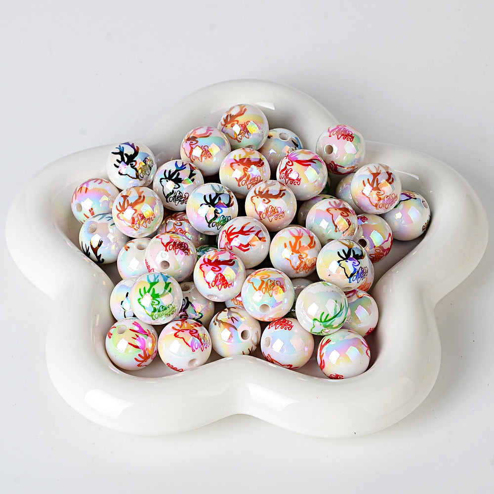 100Pcs 16mmuv plated color printing beads Christmas elk antlers beaded DIY beaded pen mobile phone chain car hanging and other accessories