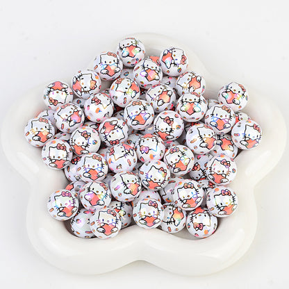 100Pcs printed Sanrio Hello Kitty hallo KT straight hole round beads DIY jewelry loose beads mobile phone chain bead pen accessories