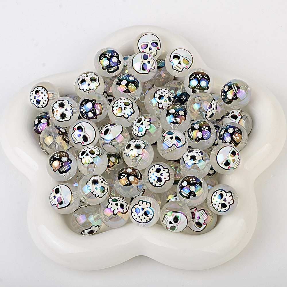 100Pcs 16mm double-sided printed skull through-hole loose beads can be handmade DIY material bracelet bracelet bead pen accessories