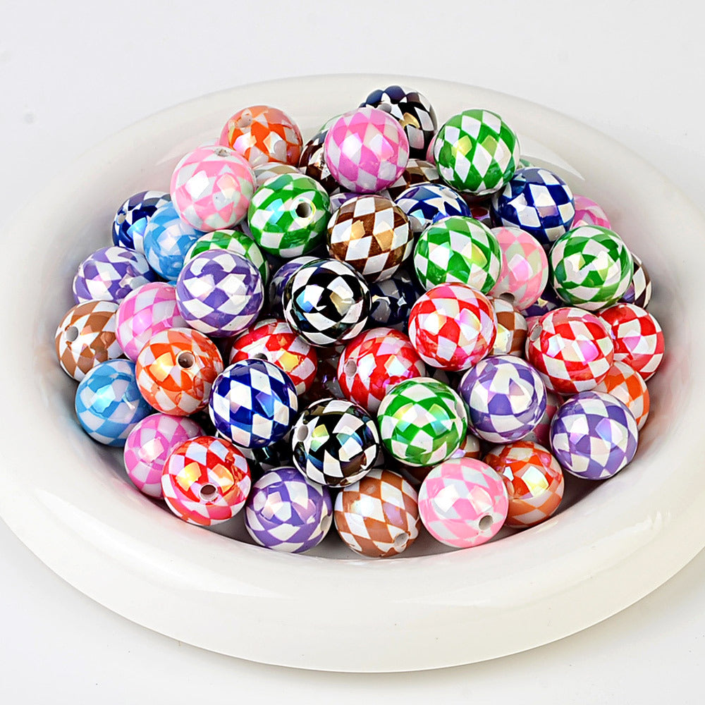 100Pcs 16mm UV rhombus grid through hole round beads DIY handmade beaded loose bead string pen mobile phone chain jewelry accessories spot