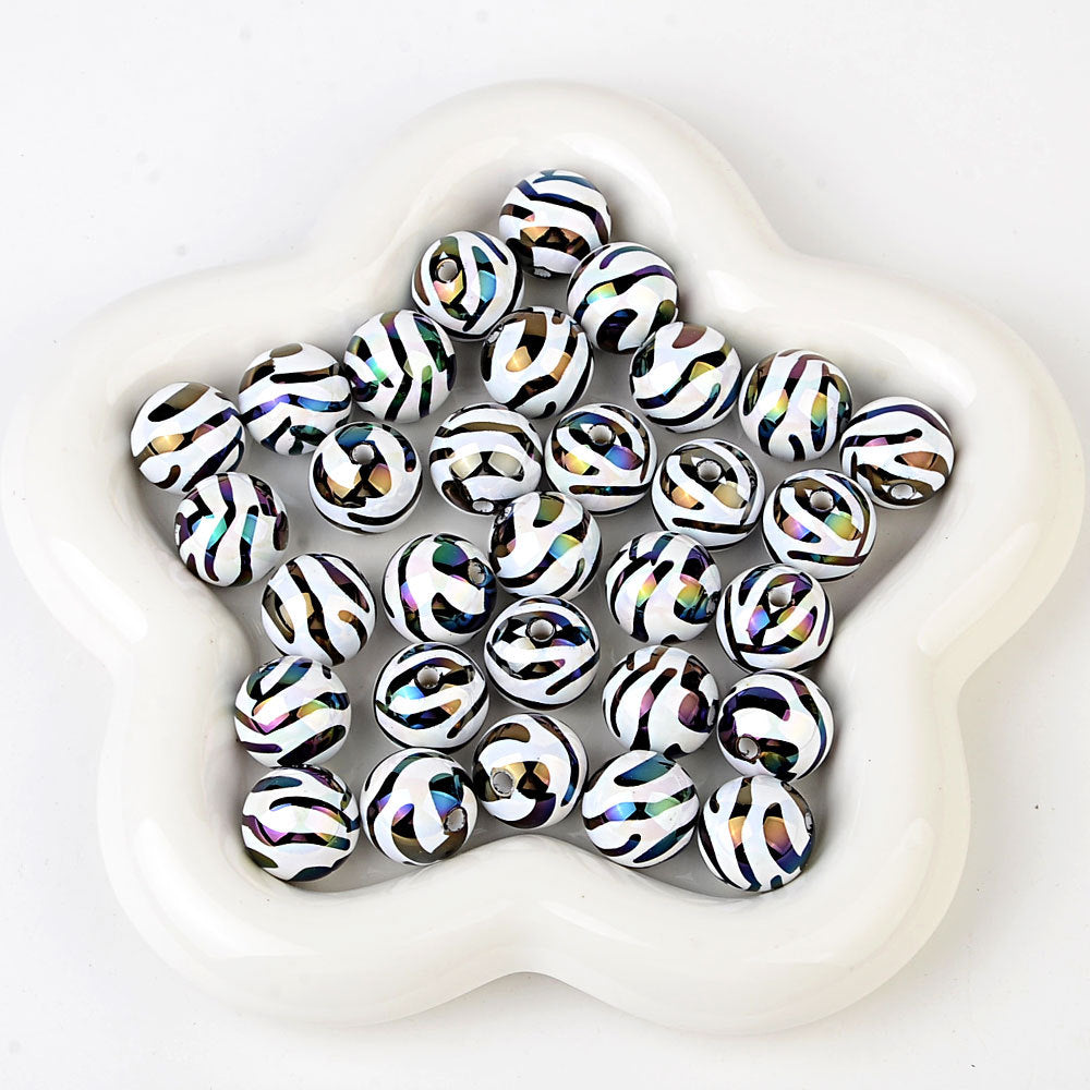 100Pcs UV plated colored acrylic zebra pattern line round beads colored striped beads DIY mobile phone chain keychain beaded material
