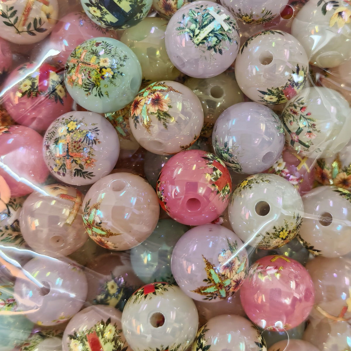 100Pcs Christmas portrait floral through-hole acrylic round beads UV printing loose beads DIY string pen bracelet handmade jewelry accessories