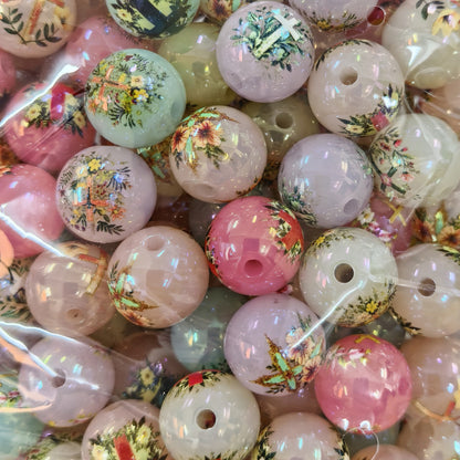 100Pcs Christmas portrait floral through-hole acrylic round beads UV printing loose beads DIY string pen bracelet handmade jewelry accessories