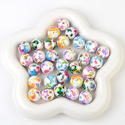 100Pcs 16mm acrylic solid color plating color printing marine biological straight hole round beads DIY mobile phone rope keychain accessories