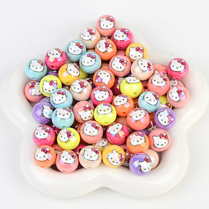 100Pcs printed Sanrio Hello Kitty hallo KT straight hole round beads DIY jewelry loose beads mobile phone chain bead pen accessories