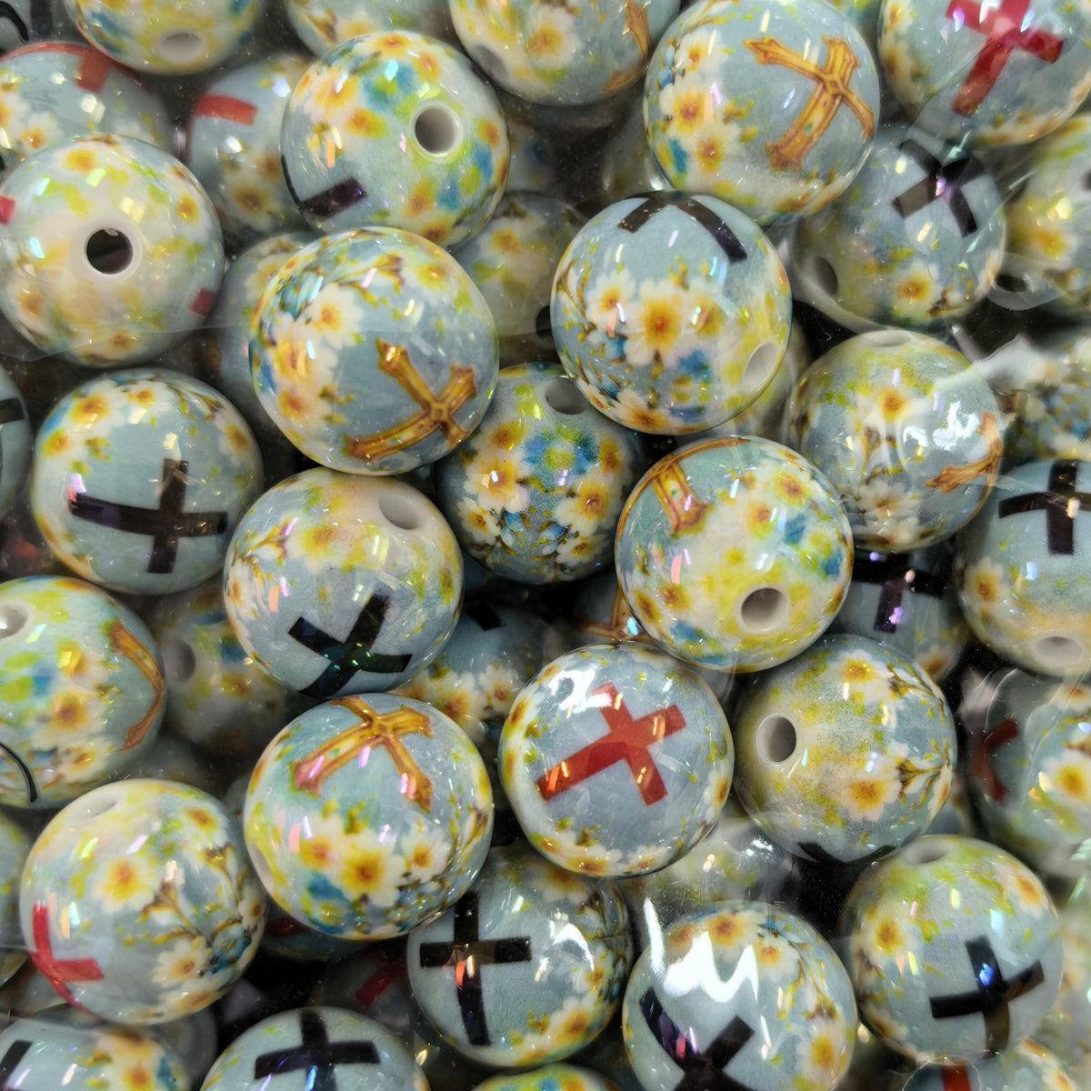 100Pcs Christmas portrait floral through-hole acrylic round beads UV printing loose beads DIY string pen bracelet handmade jewelry accessories