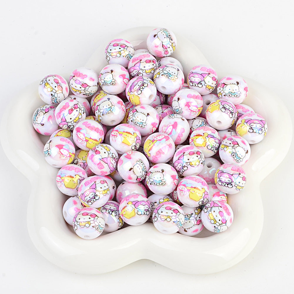 100Pcs printed Sanrio Hello Kitty hallo KT straight hole round beads DIY jewelry loose beads mobile phone chain bead pen accessories