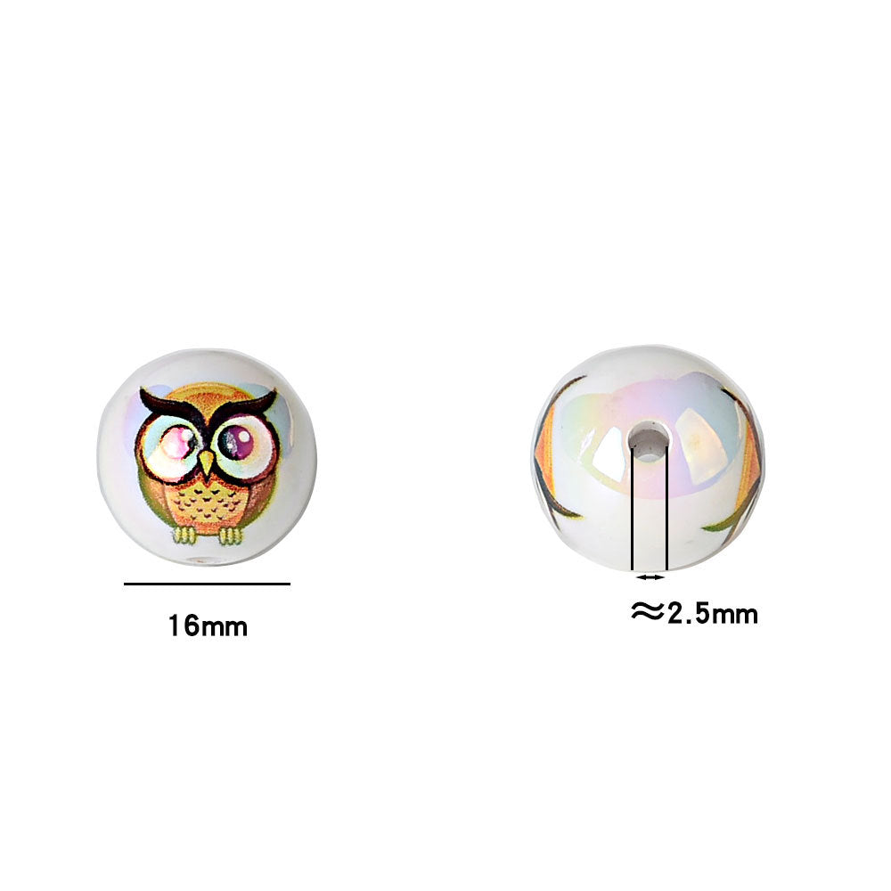100Pcs 16mm acrylic solid color printing owl straight hole round bead DIY bead pen mobile phone chain pendant accessories