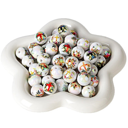 100Pcs 16mm acrylic solid color printing surrounding vine cross straight hole round bead DIY bracelet pendant jewelry accessories