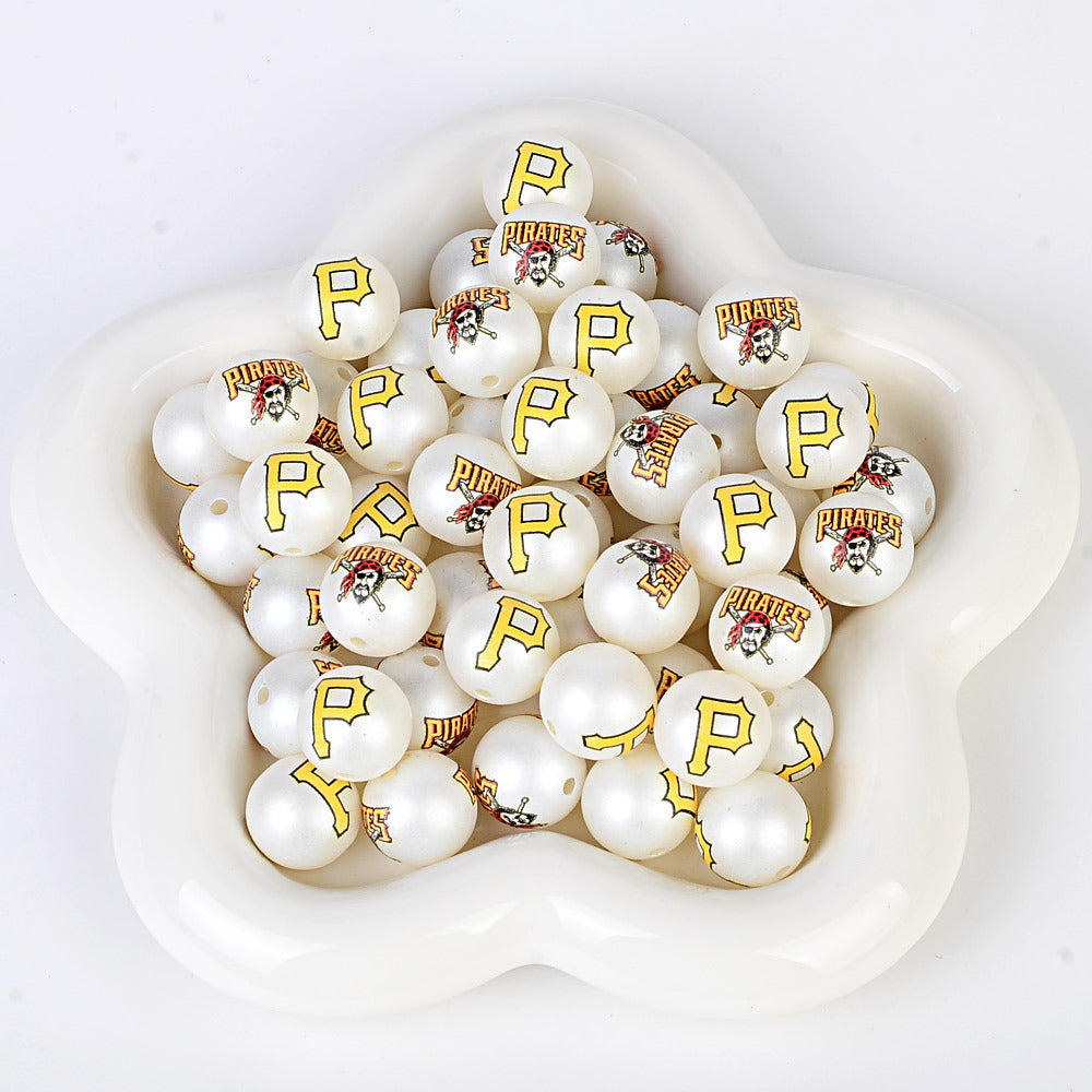 100Pcs 16mm frosted printing MLB baseball league round beads loose beads DIY bead pen car hanging baseball team accessories