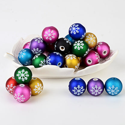 100Pcs matte feel paint Christmas series three-sided printing snowflake straight hole round bead DIY jewelry mobile phone chain bead pen accessories