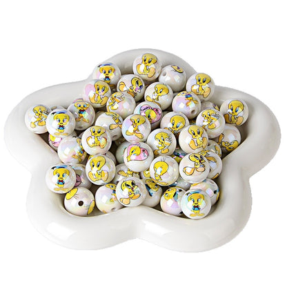 100Pcs 16mm acrylic solid color printing cartoon small yellow bird straight hole round beads, sub handmade DIY mobile phone rope jewelry accessories