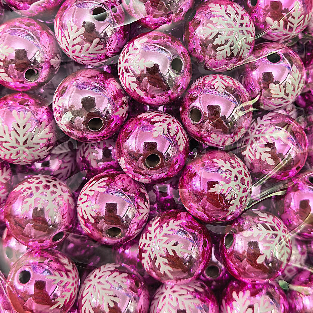 100Pcs 16mm metallic Christmas series snowflake printing round beads DIY handmade beaded loose beads mobile phone chain accessories