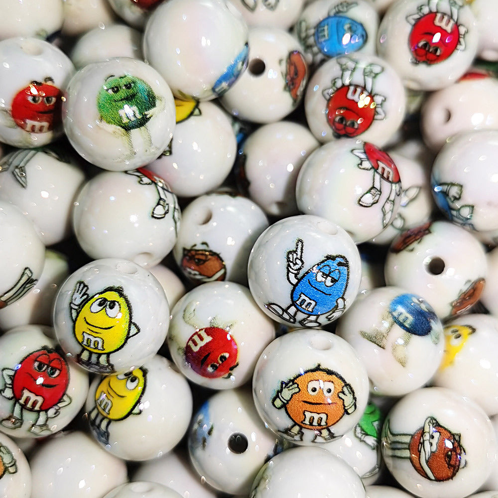 100Pcs 16mm acrylic cartoon M bean printing round beads DIY beaded loose beads mobile phone chain keychain accessories