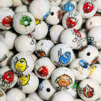 100Pcs 16mm acrylic cartoon M bean printing round beads DIY beaded loose beads mobile phone chain keychain accessories