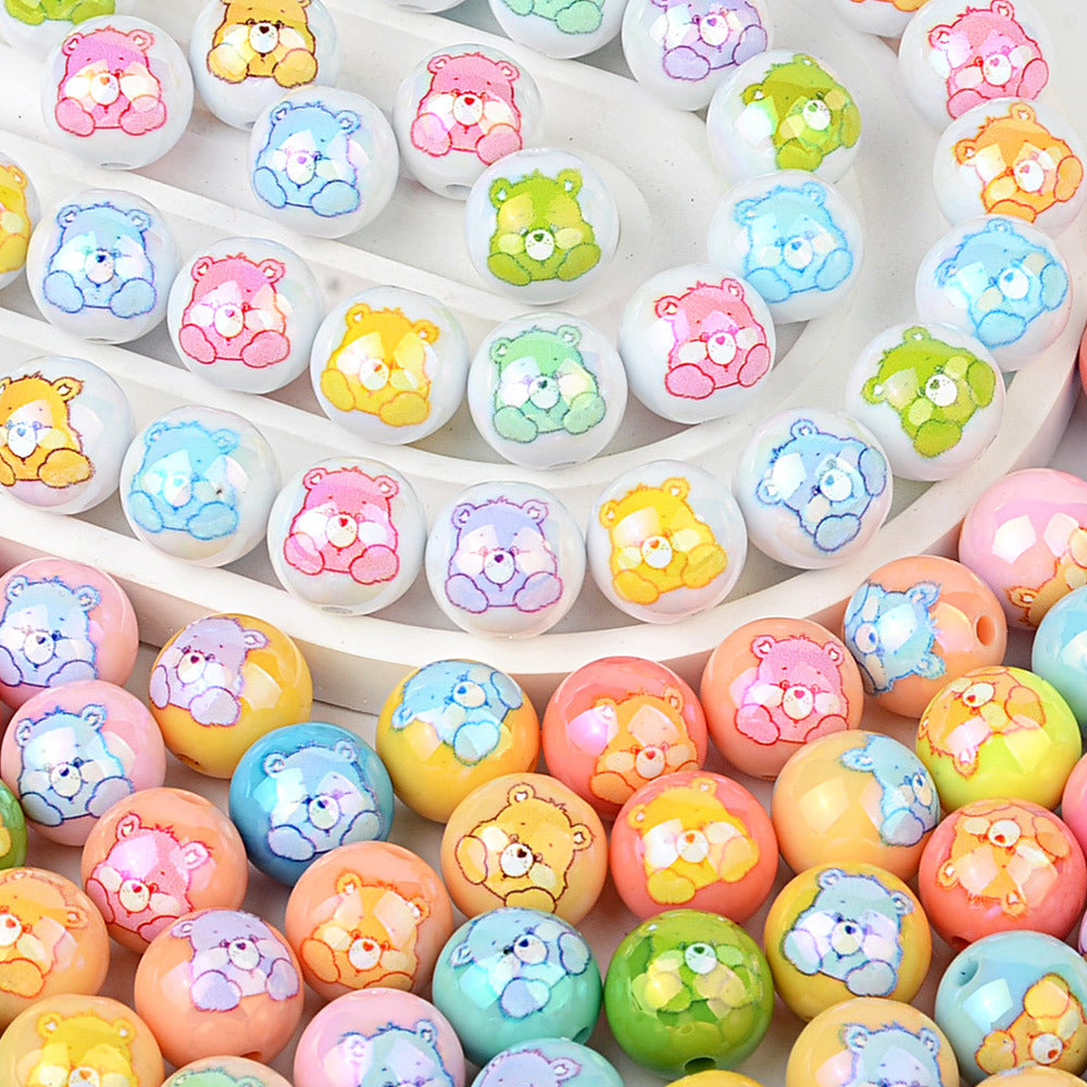 100Pcs Plated Color Printing Love Rainbow Bear Cartoon Round Cake Beaded DIY Pen Mobile Phone Chain Keychain Accessories