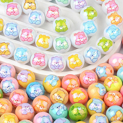 100Pcs Plated Color Printing Love Rainbow Bear Cartoon Round Cake Beaded DIY Pen Mobile Phone Chain Keychain Accessories