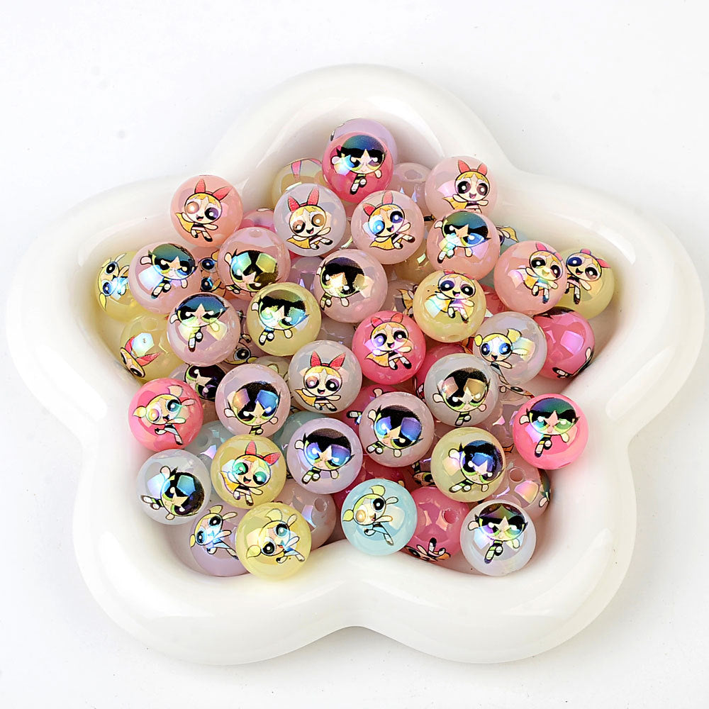 100Pcs acrylic printing cartoon flying police girl straight hole round beads DIY handmade jewelry accessories spot wholesale