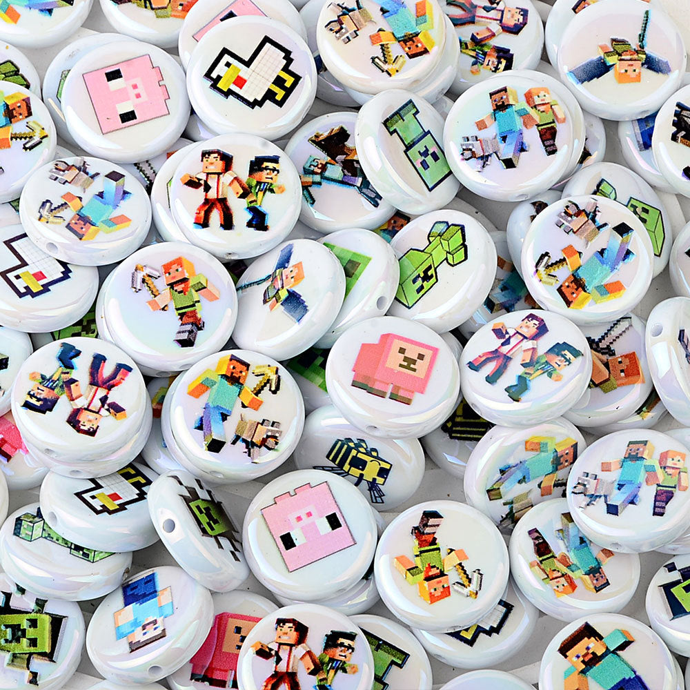 100Pcs 16mm acrylic printed cartoon gamepad straight hole round beads DIY handmade beaded jewelry accessories material