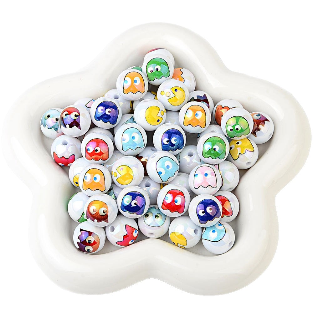 100Pcs 16mm acrylic solid color printing Pac-Man ghost straight hole round beads DIY handmade beaded jewelry accessories loose beads