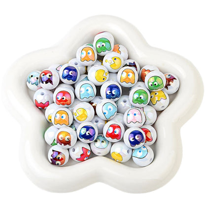 100Pcs 16mm acrylic solid color printing Pac-Man ghost straight hole round beads DIY handmade beaded jewelry accessories loose beads