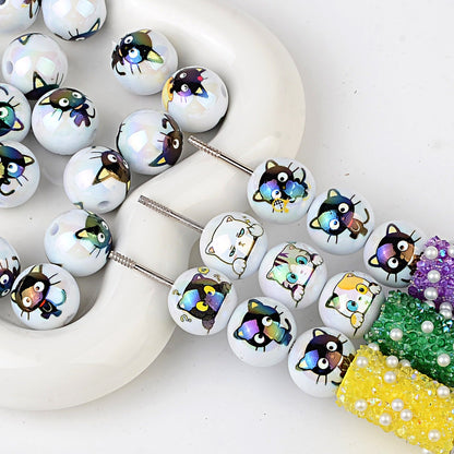 100Pcs 16mm acrylic solid color printing cartoon small black cat straight hole round beads DIY Douyin live broadcast mobile phone rope jewelry beads