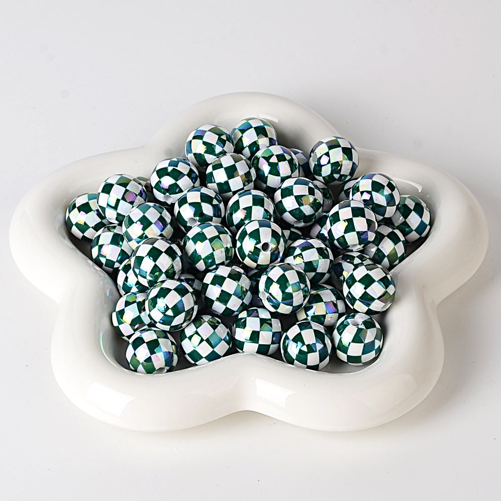 100Pcs UV plated color checkerboard square grid pattern round beads DIY handmade beaded loose bead string pen mobile phone chain jewelry accessories