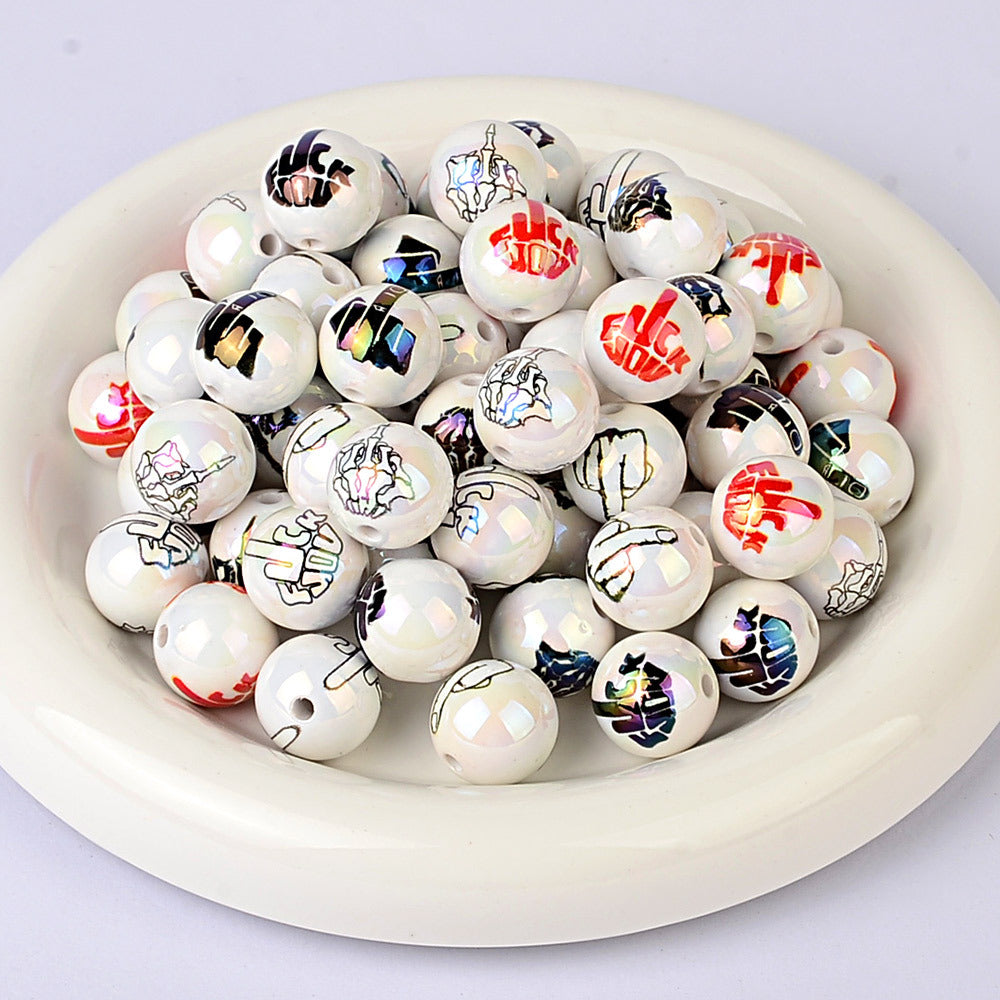 100Pcs multi-color colorful skull palm printing acrylic round beads American street punk style DIY loose bead accessories wholesale