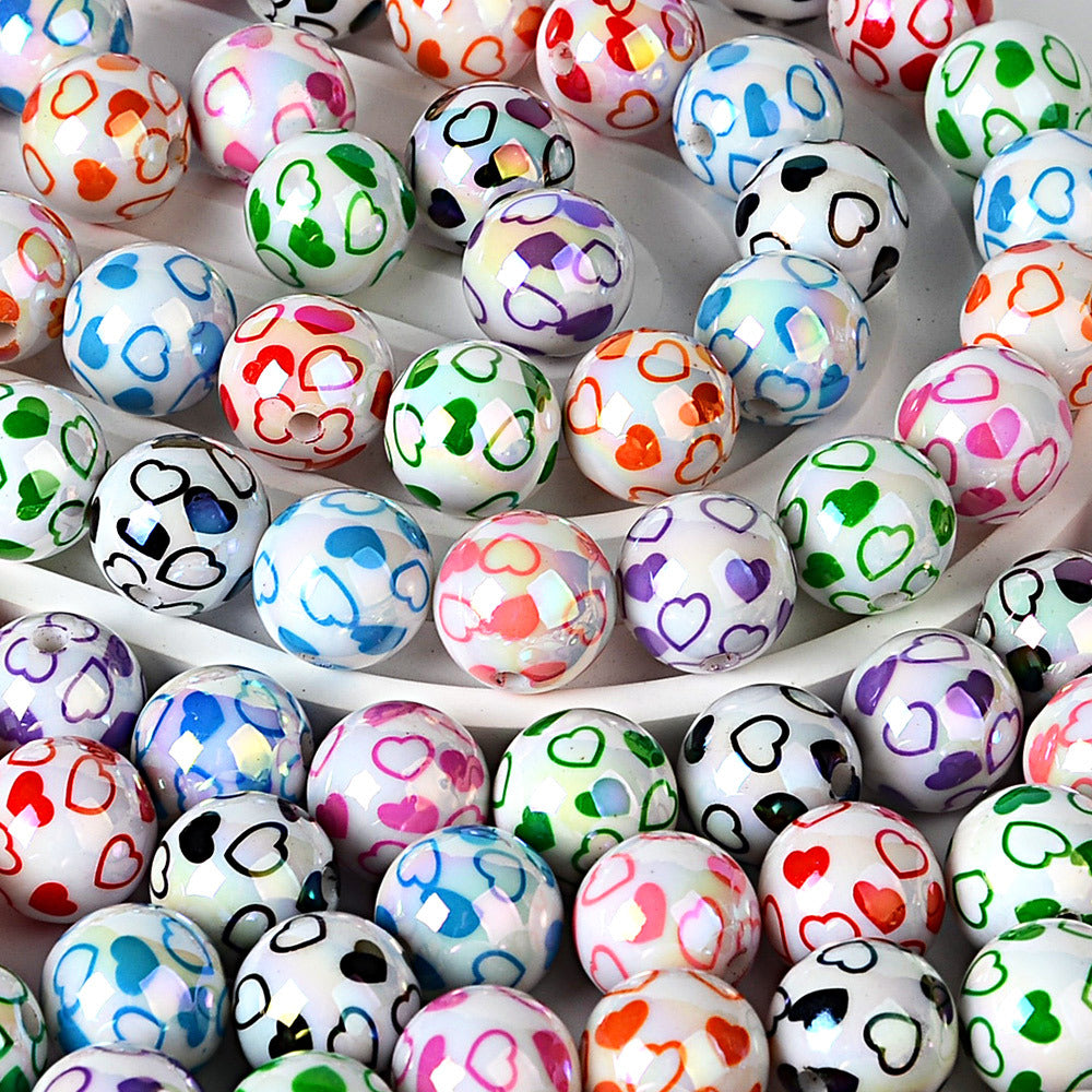 100Pcs acrylic plated color printing double love straight hole beads DIY jewelry mobile phone chain bead pen keychain bag chain accessories