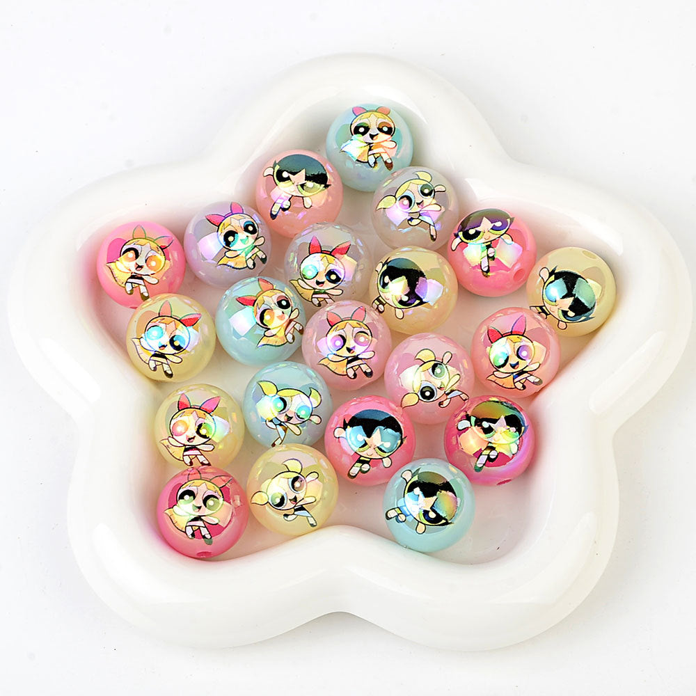 100Pcs acrylic printing cartoon flying police girl straight hole round beads DIY handmade jewelry accessories spot wholesale