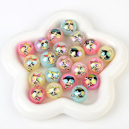 100Pcs acrylic printing cartoon flying police girl straight hole round beads DIY handmade jewelry accessories spot wholesale