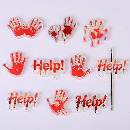 100Pcs Halloween double-sided relief blood handprint HELP through-hole chip bead DIY bag bead pen jewelry accessories