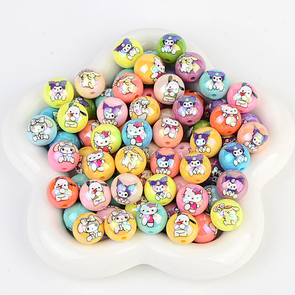 100Pcs printed Sanrio Hello Kitty hallo KT straight hole round beads DIY jewelry loose beads mobile phone chain bead pen accessories