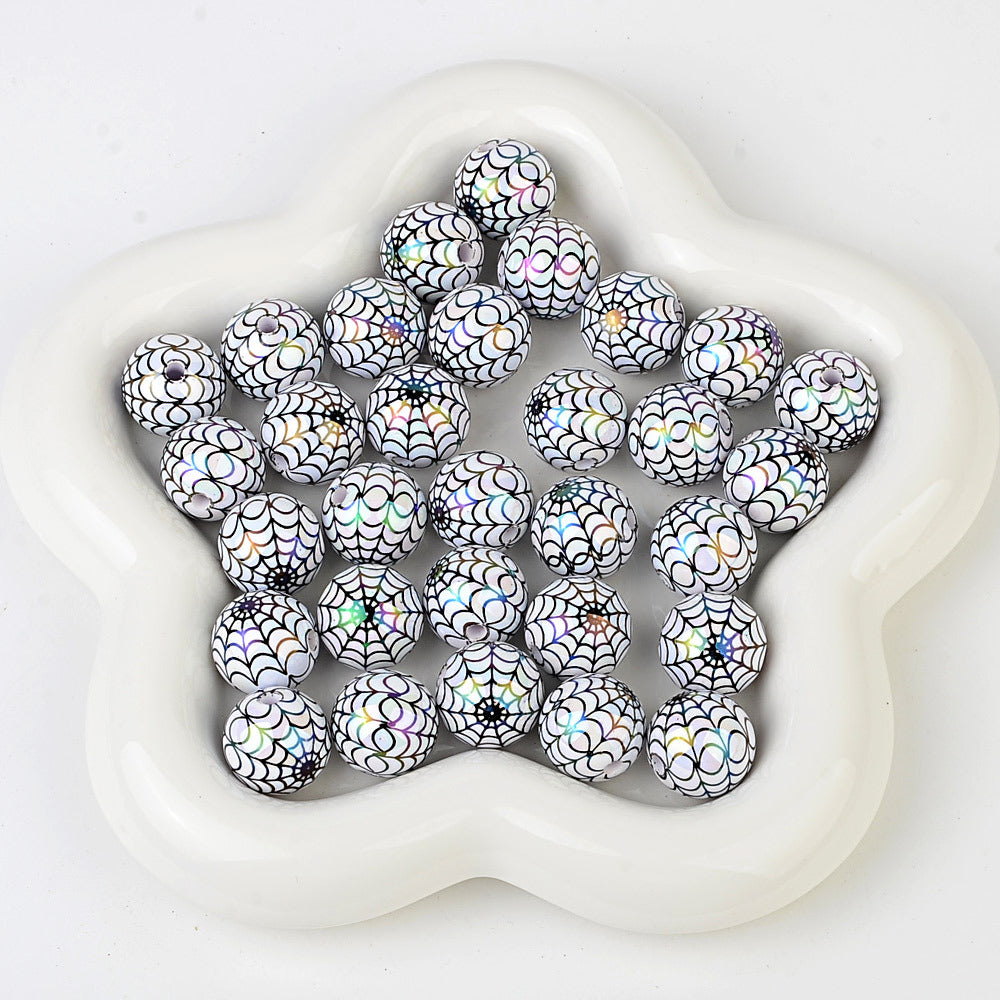 100Pcs 16mm acrylic plated color Halloween printing spider web straight hole round bead live broadcast DIY handmade beaded jewelry accessories