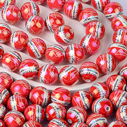 100Pcs 16mm acrylic printing red Budweiser straight hole round beads DIY mobile phone chain keychain bead jewelry accessories