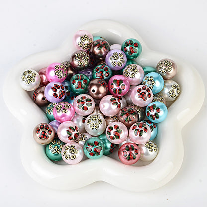 100Pcs 16mm acrylic plated uv leopard pattern plaid printing cat paw printing straight hole round beads DIY handmade loose beads jewelry accessories
