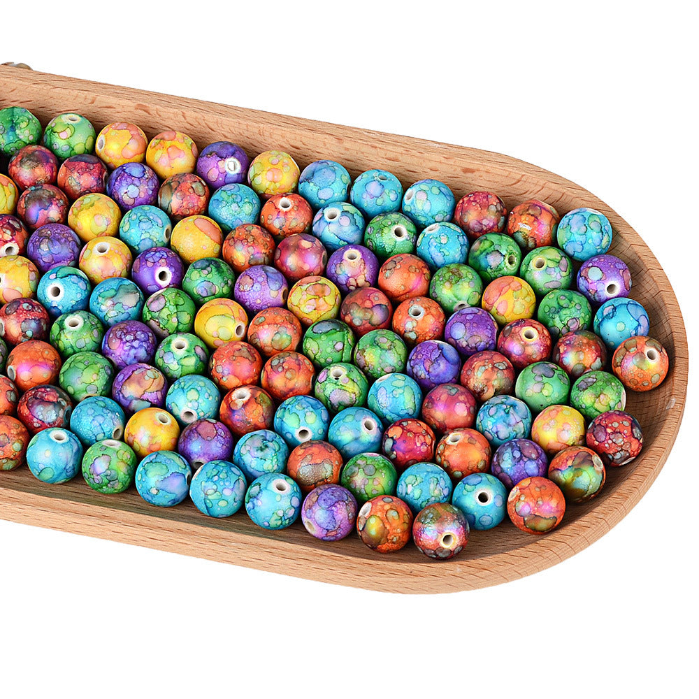 100Pcs acrylic feel gradual change color imitation ceramic flower beads straight hole pattern round beads beaded DIY bracelet necklace jewelry