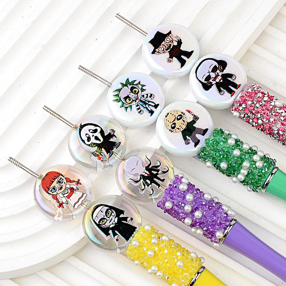 100Pcs 24mm Printed Halloween Killer Character Vertical Hole Flat Bead DIY Douyin Live Mobile Phone Rope Keychain