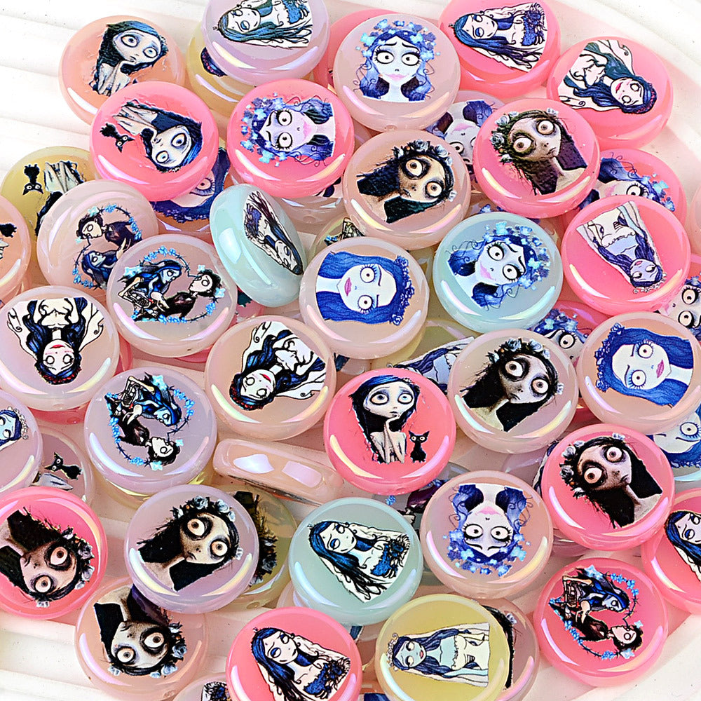 100Pcs Printed Halloween Theme Emily Victor Character Straight Hole Beads DIY Handmade Necklace Bead Pen Accessories